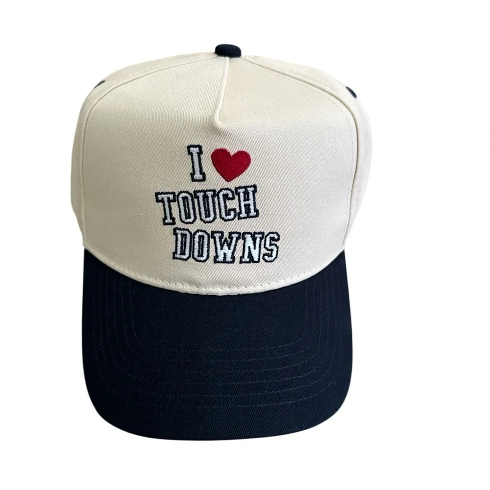 Anthropologie Kenz Kustomz I Heart Touch Downs Cream Navy Cotton Trucker Hat New